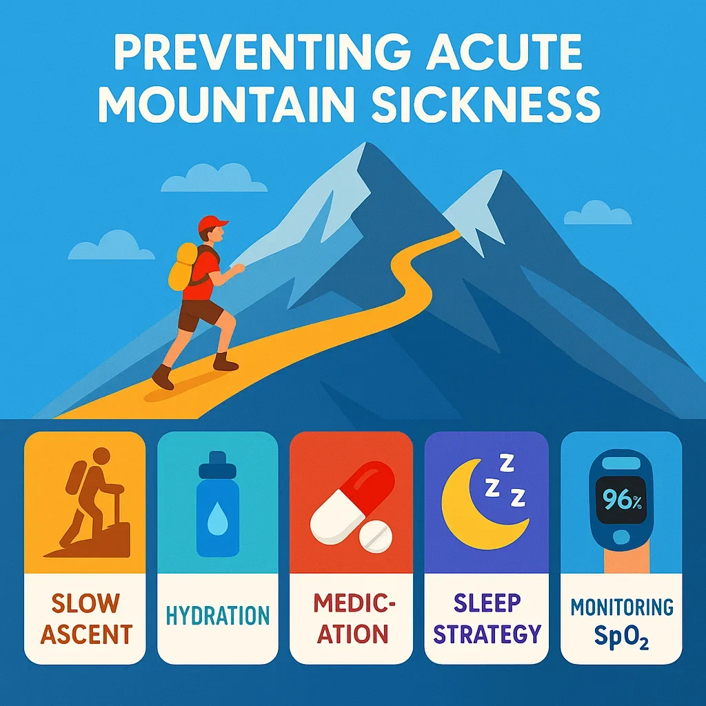 Altitude & Hypoxia Preparation for Ultramarathon Runners: Complete Science-Backed Guide 10 Infographic on AMS prevention strategies for ultramarathon runners with icons and mountain background.