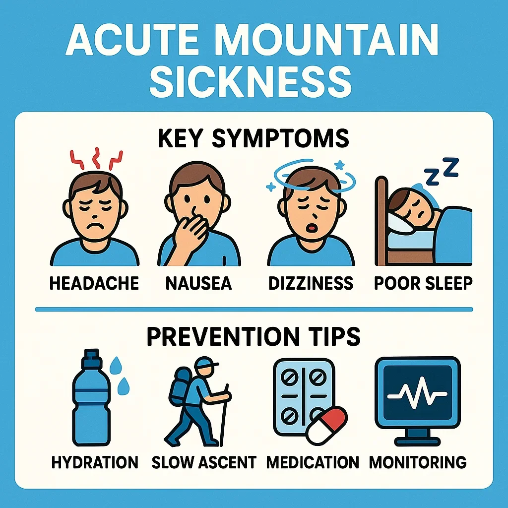 Acute Mountain Sickness (AMS) Prevention for Ultramarathon Runners: Strategies, Symptoms & Science 3 Infographic with AMS symptoms (headache, nausea, dizziness, poor sleep) and prevention tips for ultramarathoners at altitude.