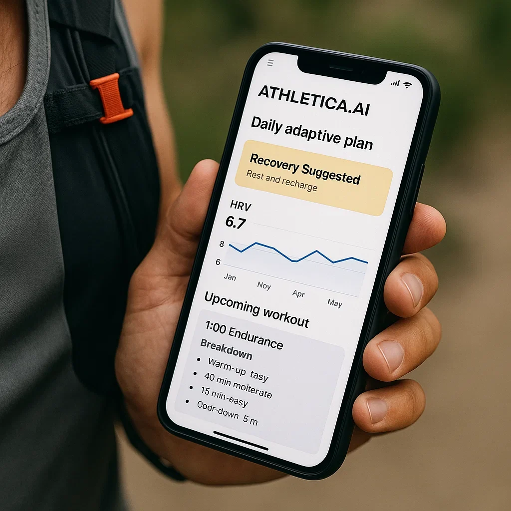 Athletica.ai Review (2025): Daily Adaptive AI Training Plans for Ultrarunners 3 Athletica.ai app on a phone displays HRV graph, recovery alert, and daily workout for ultramarathon training.