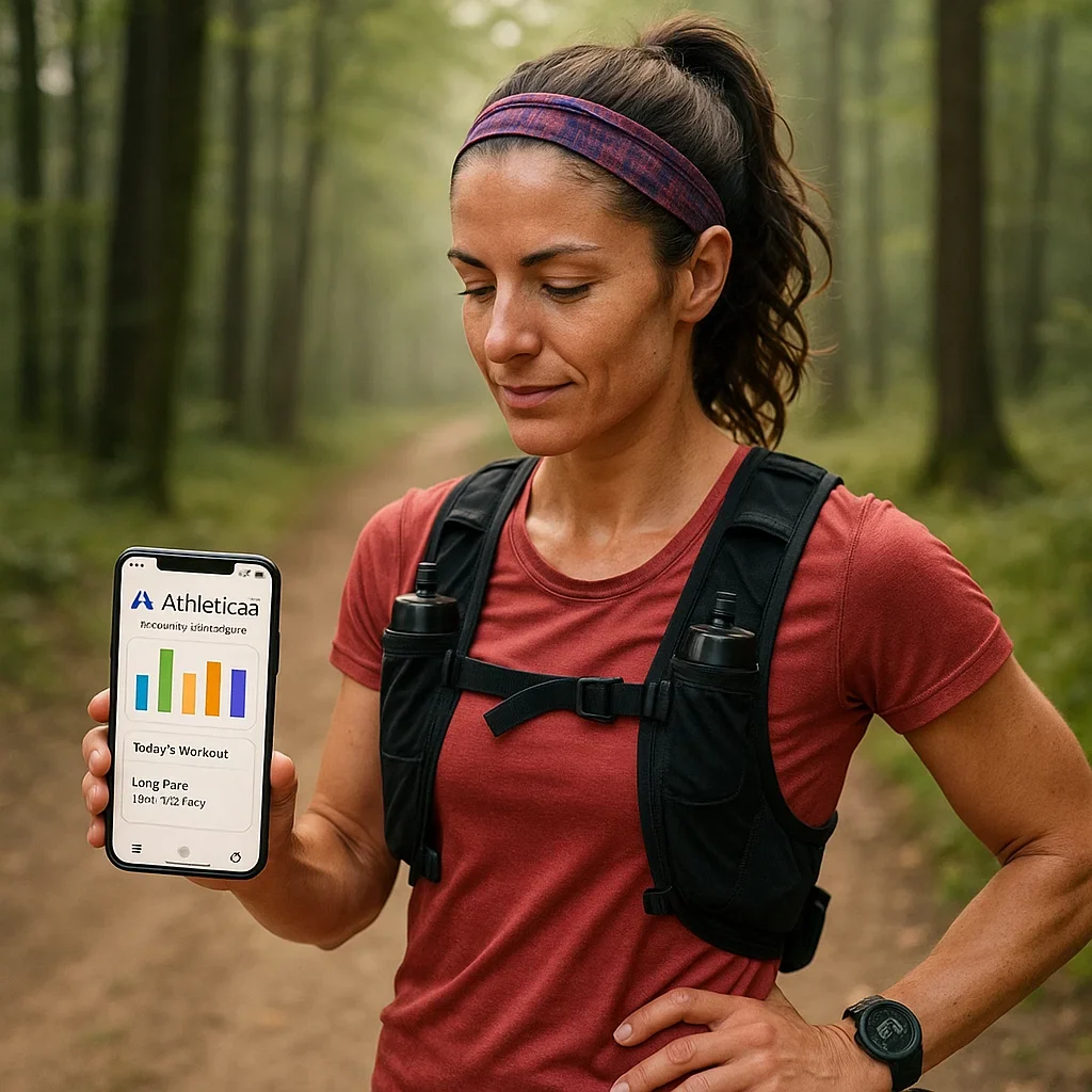 Ultrarunner on a forest trail viewing Athletica.ai’s adaptive daily plan on her phone, with charts and workout details visible.