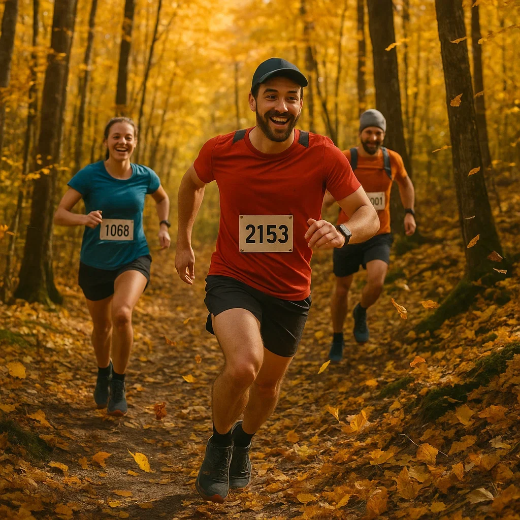 Top Sub-Ultra Races Around the World (30K–50K Trail & Road Events) 5 Runners in a 35K race through colorful autumn woods