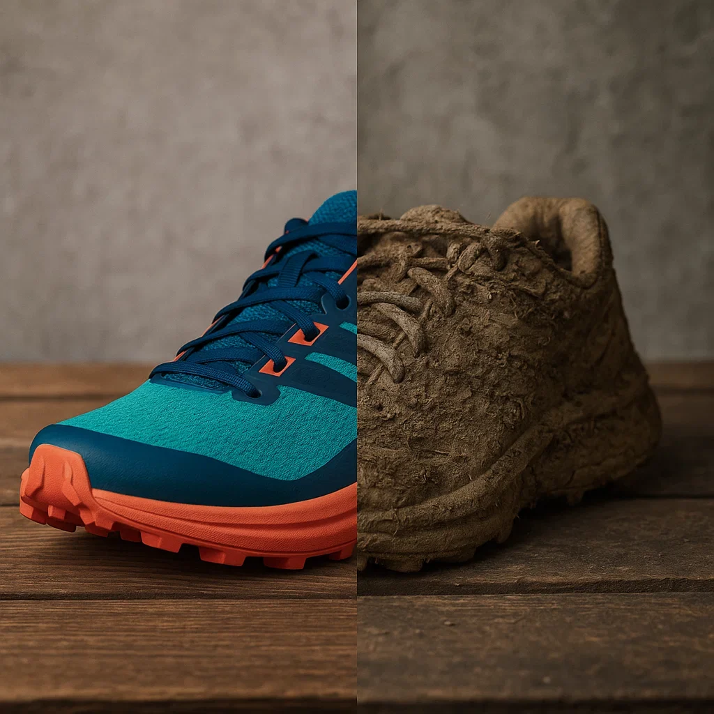 Comparison of a new trail running shoe and a worn-out shoe after a 100K ultra marathon.