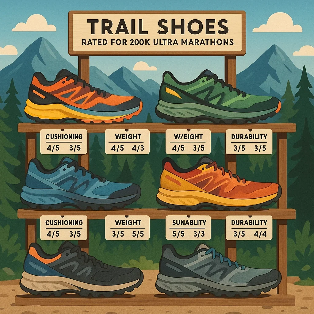 Best Trail Running Shoes for 200K Ultra Marathons 3 Eight trail shoes for 200K races displayed with ratings for cushioning and durability.