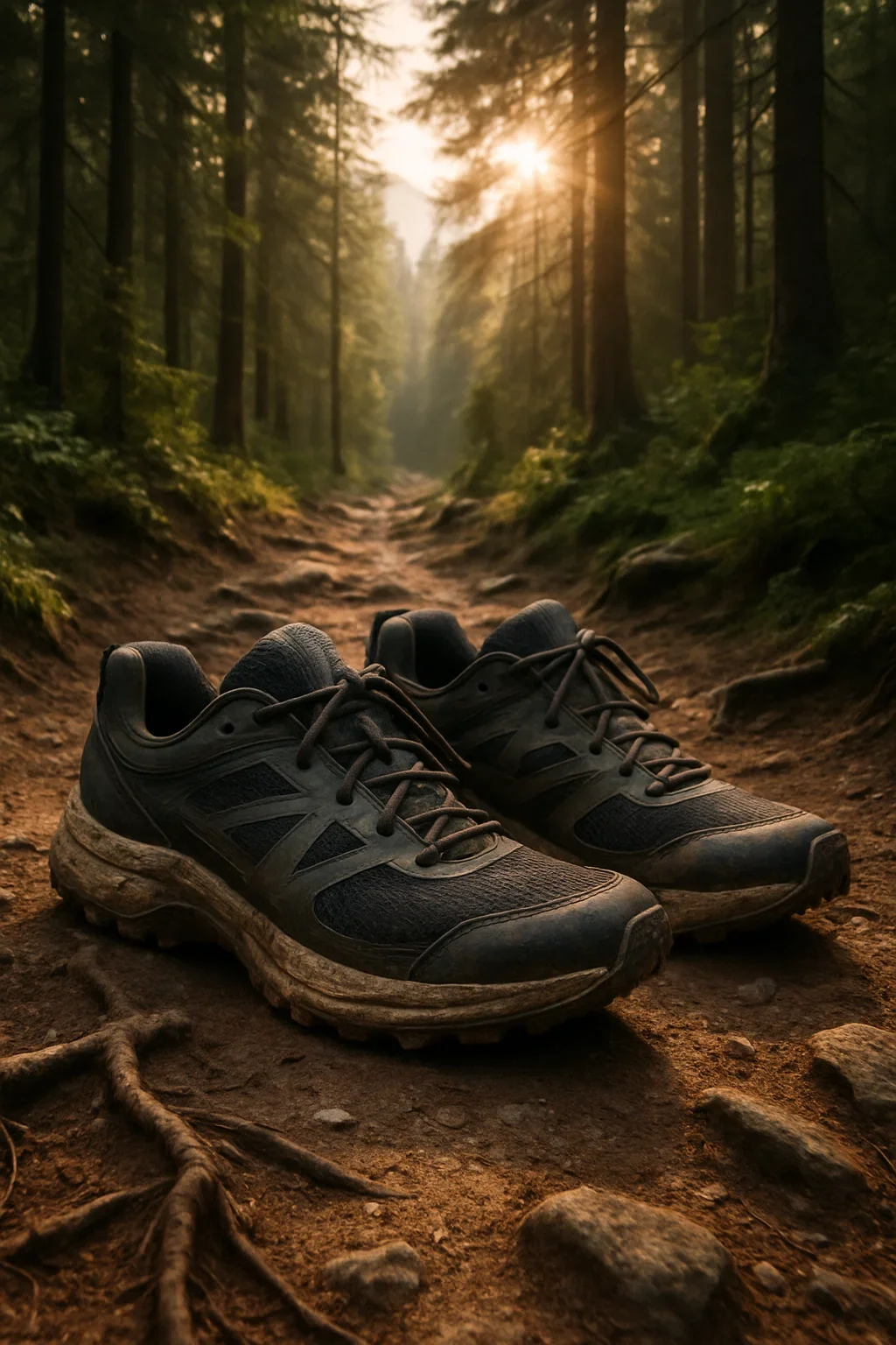 Modern trail running shoes on a scenic forest hiking trail with sunlight