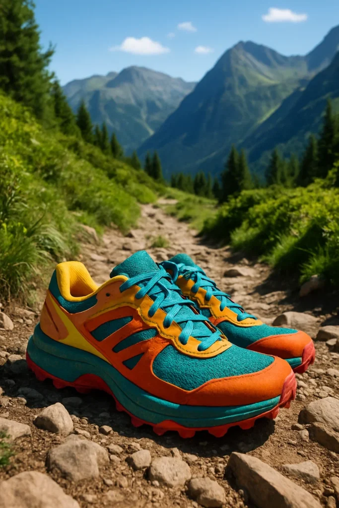 Best Trail Running Shoes for Hiking: 2025 Expert Guide for Hikers & Runners 3 Colorful trail running shoes on a rocky mountain path with green landscape