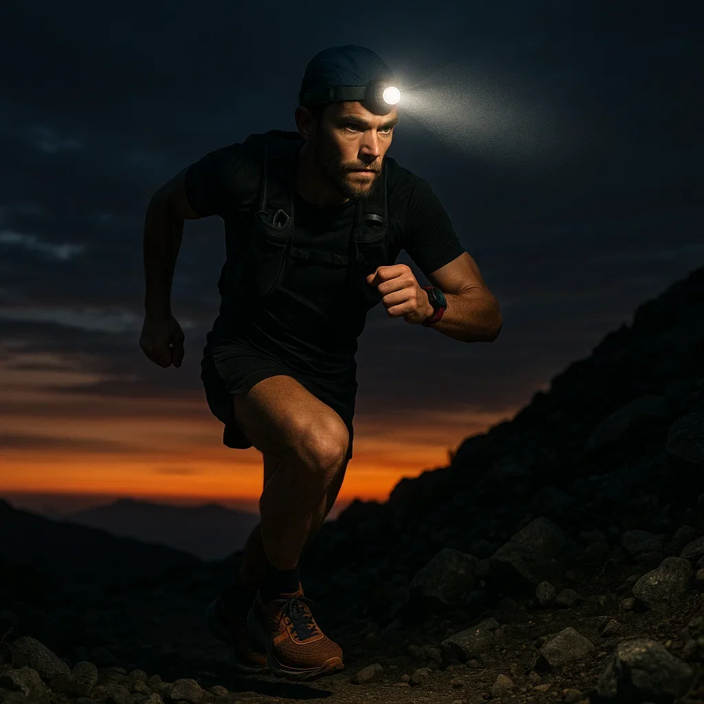 Ultra runner wearing cushioned trail shoes on a rocky trail at sunrise during a 100-mile race.