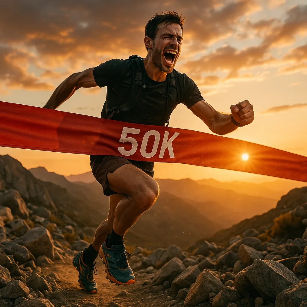 Ultra runner wearing trail shoes on a mountain path during a 50K race.