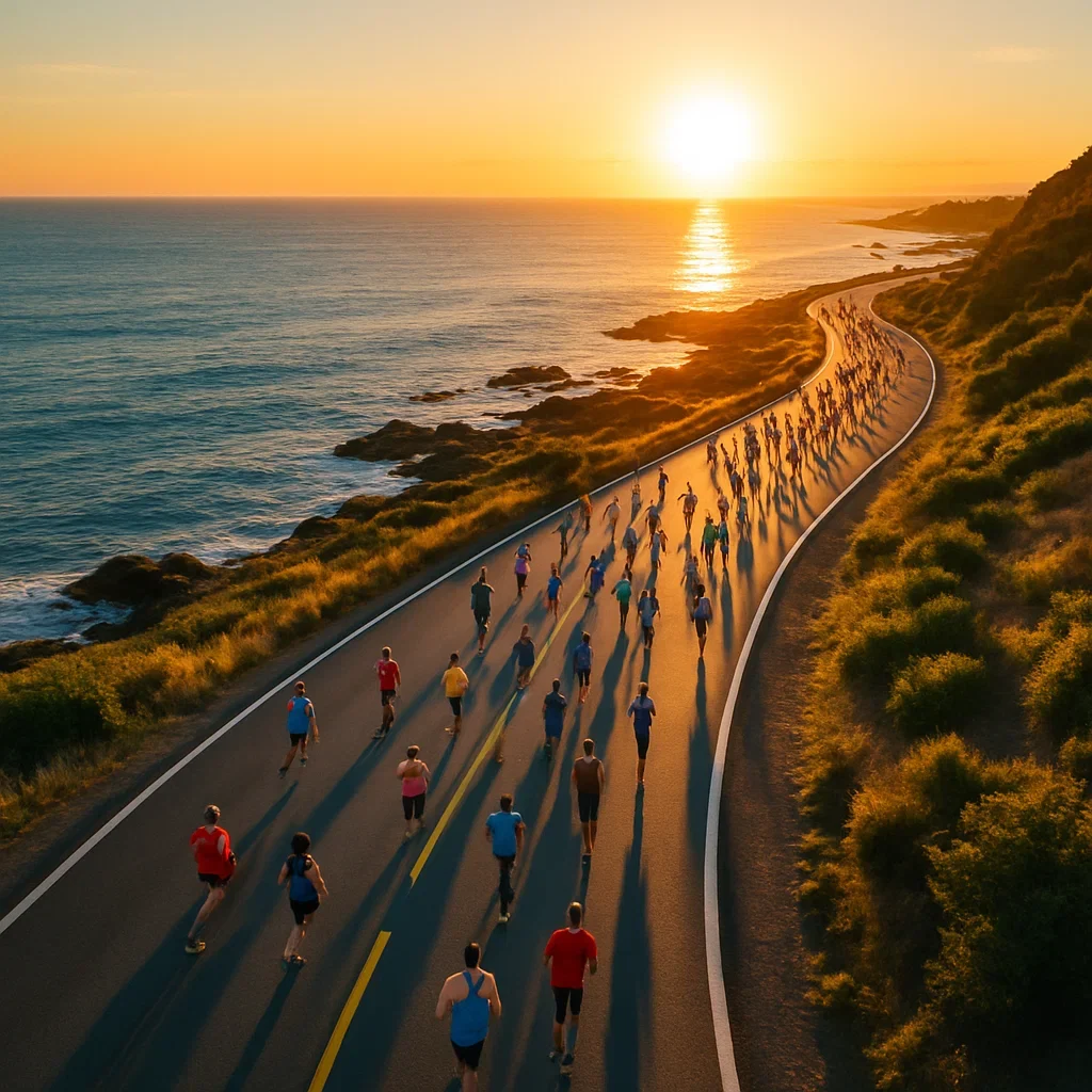 Top Sub-Ultra Races Around the World (30K–50K Trail & Road Events) 3 Aerial of runners on a 30K road race along the sea.