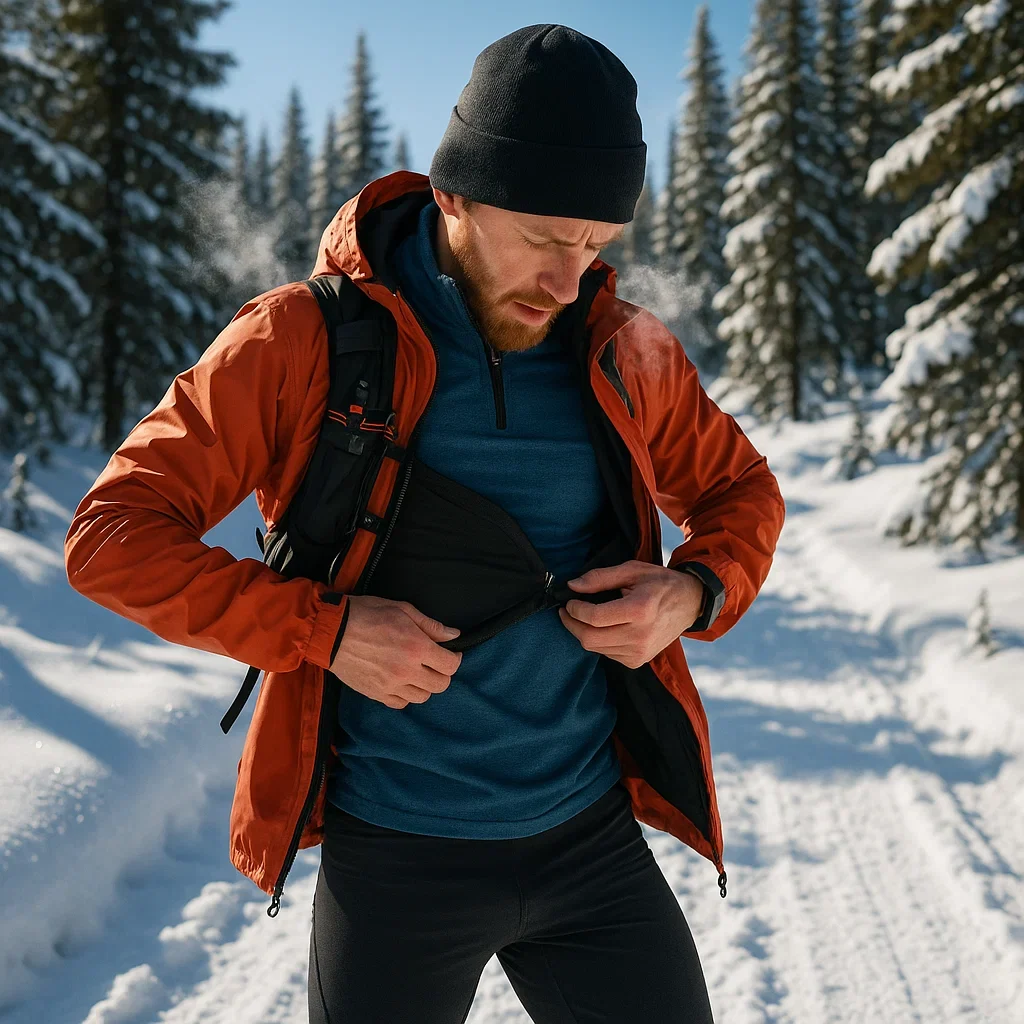 Runner layering clothing for a cold-weather ultramarathon on a snowy trail