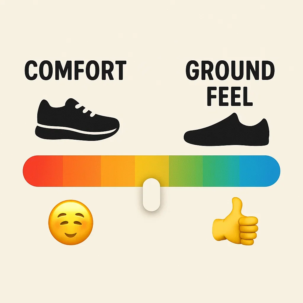 👟 Cushion vs Minimal Trail Shoes for 100K Ultra Marathons – Comfort or Feel? 3 A sliding scale infographic comparing comfort and ground feel for cushioned and minimal shoes in 100K ultras.