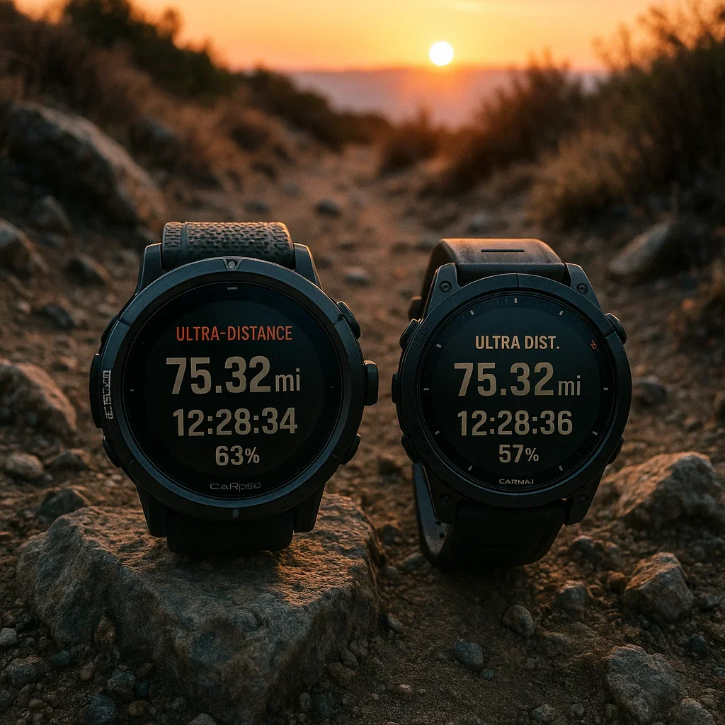 Coros Vertix and Garmin Fenix ultra watches side by side, trail sunrise.