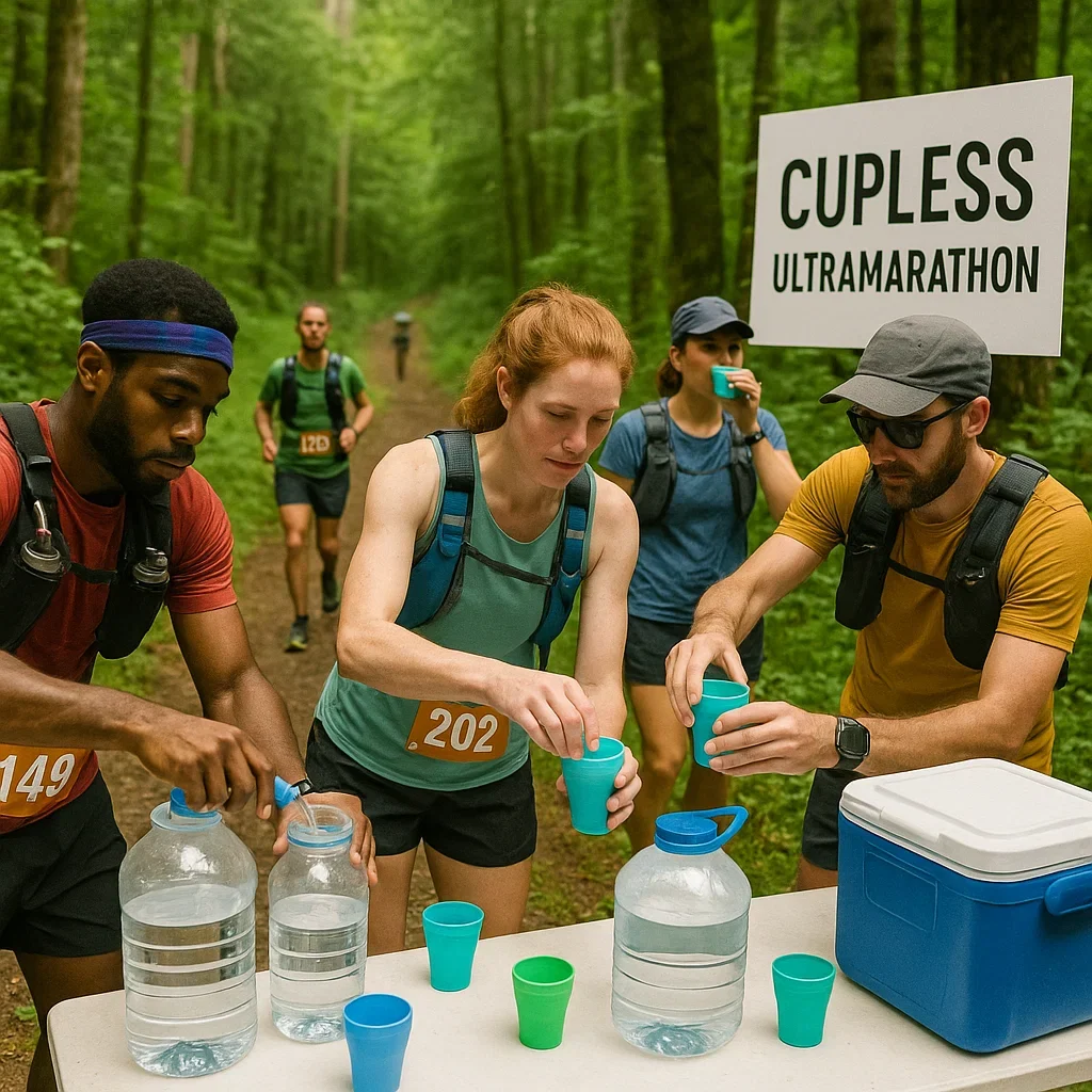 How Ultramarathons Are Becoming More Sustainable in 2025 4 Cupless ultramarathon in 2025, runners using reusable silicone cups at a hydration station in a forest.