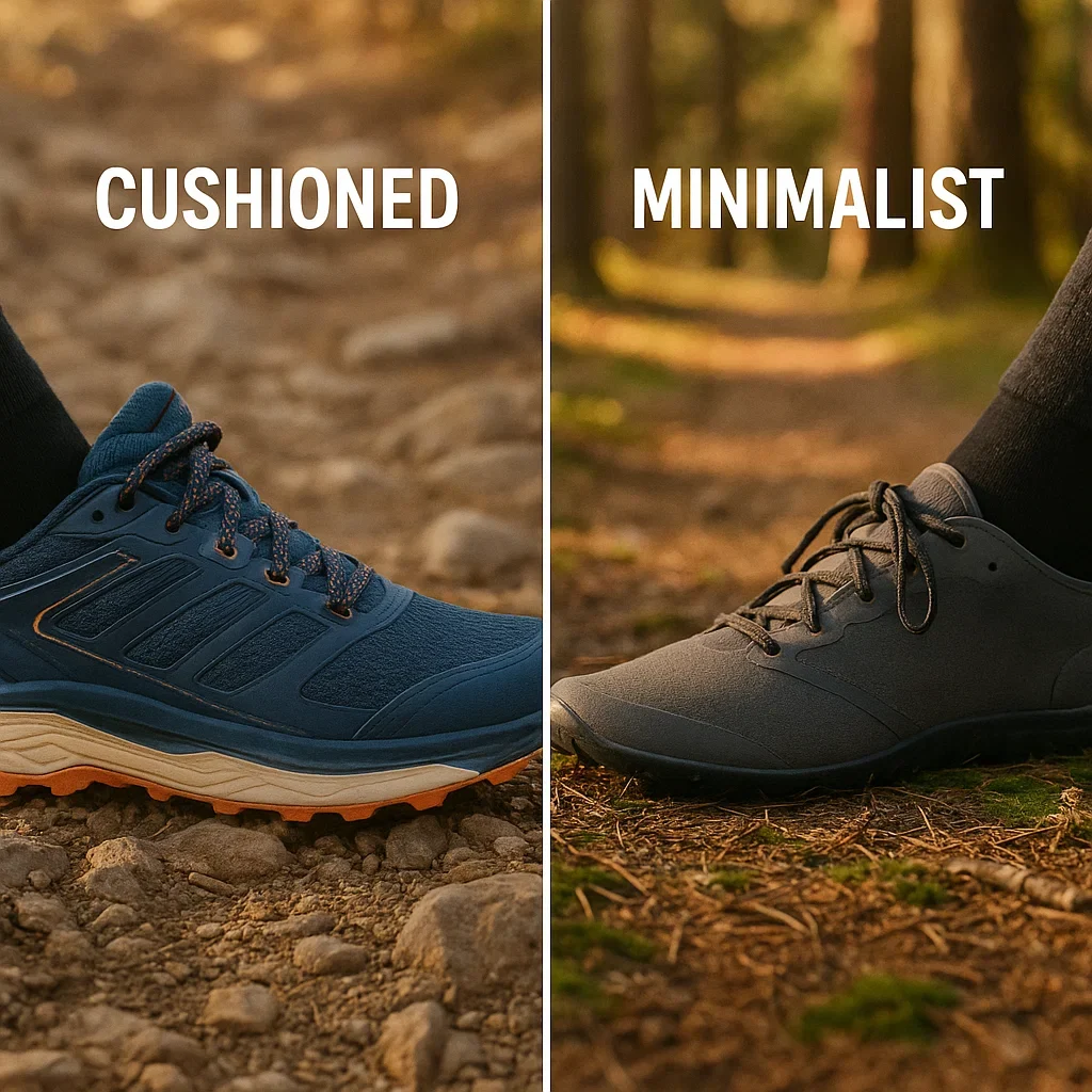 Cushioned and minimalist trail running shoes displayed side-by-side on hiking terrain.