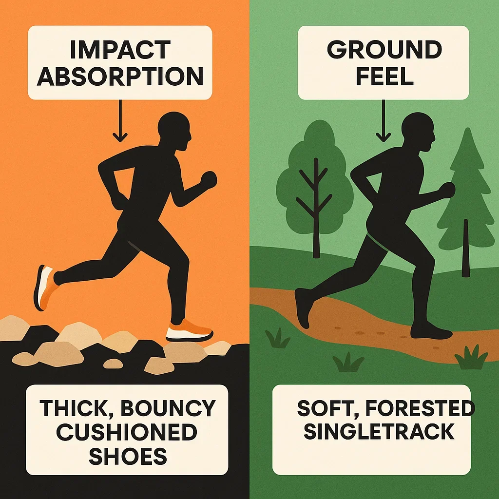 Cushion vs Minimal Trail Running Shoes for 50K Ultra – Which is Best for Your Race? 🤔👟 3 Infographic comparing a runner in cushioned shoes (rocky terrain) and minimalist shoes (soft trail), with features labeled for impact and feel.