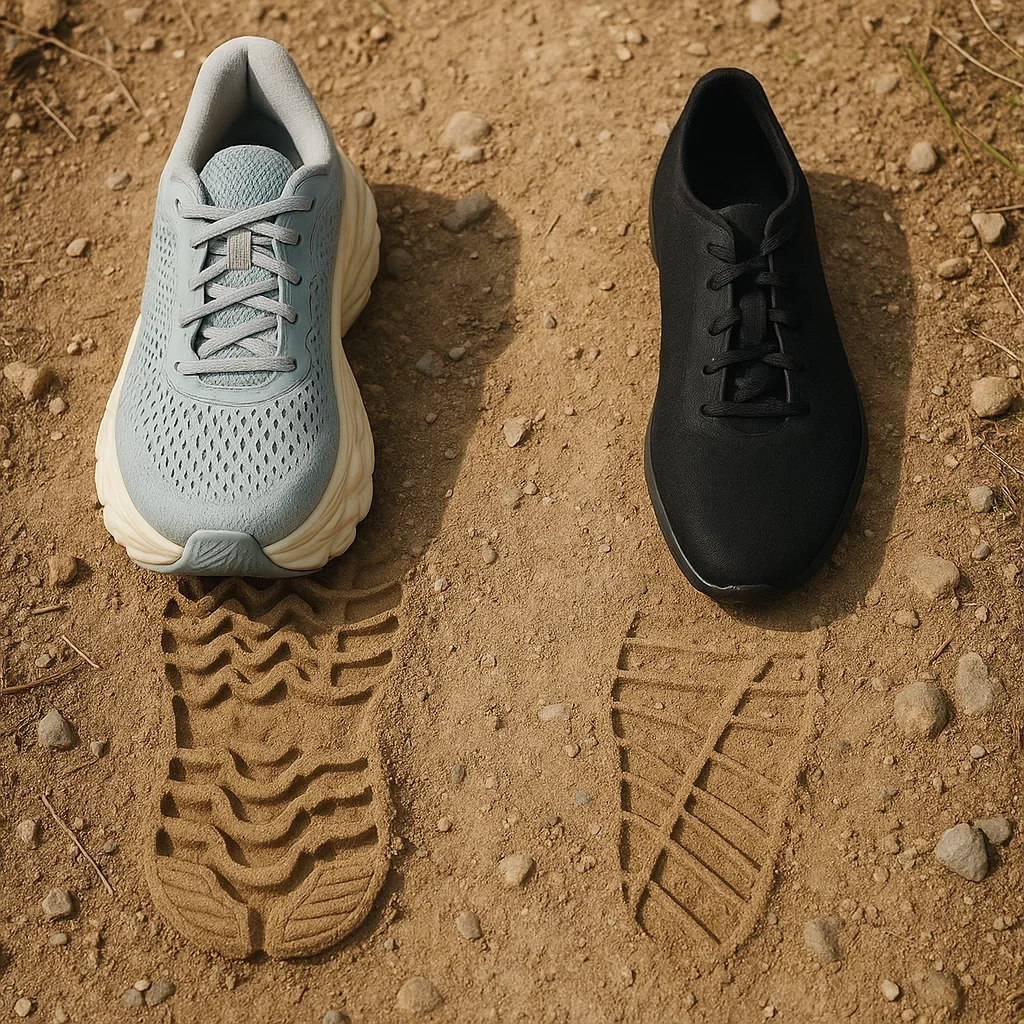 Cushioned and minimal trail shoes side by side on a trail, showing their different impacts for 100K runners.