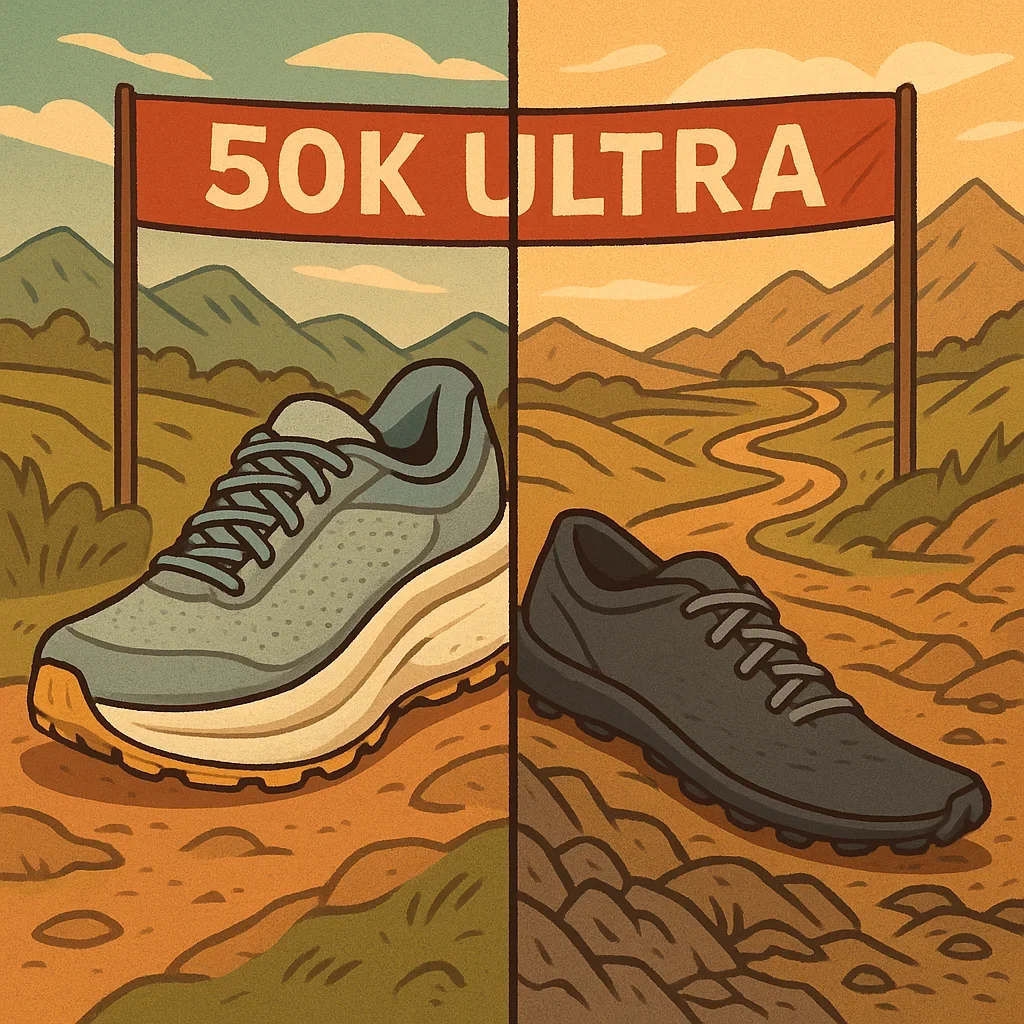 Side-by-side view of a cushioned and a minimalist trail shoe against a 50K ultra marathon background, showing their design differences.