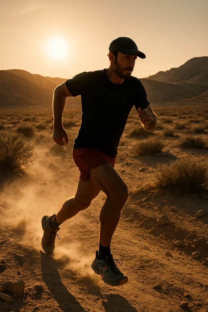 Best Trail Running Shoes for Hiking: 2025 Expert Guide for Hikers & Runners 4 A trail runner in motion across a dusty desert trail, arid landscape with hills in the background, sun low on the horizon casting long shadows, shoes kicking up dust, sense of heat and endurance