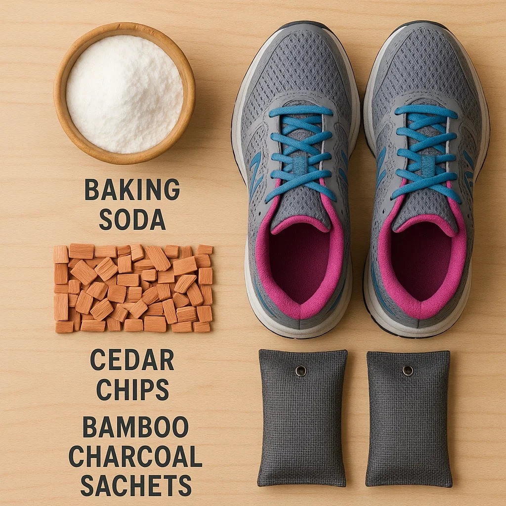 đź”§ DIY Trail-Shoe Gear Care: Wash, Deodorize, Repair & Protect Your Runners 4 Baking soda, cedar, and charcoal laid out for DIY odor sachets.