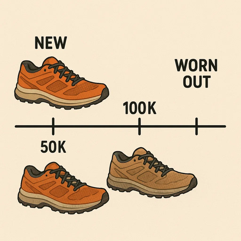 ๐ Shoe Durability & Mileage for 100K Ultra Marathons โ What Lasts? 3 Timeline illustration showing the durability and wear stages of a trail shoe during a 100K ultra marathon.