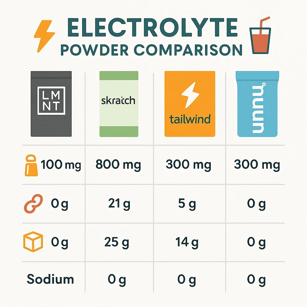 Best Electrolyte Powder for Long Distance Running (2025) 4 Pinterest-ready infographic comparing electrolyte powders for runners Infographic comparing top electrolyte powders for runners