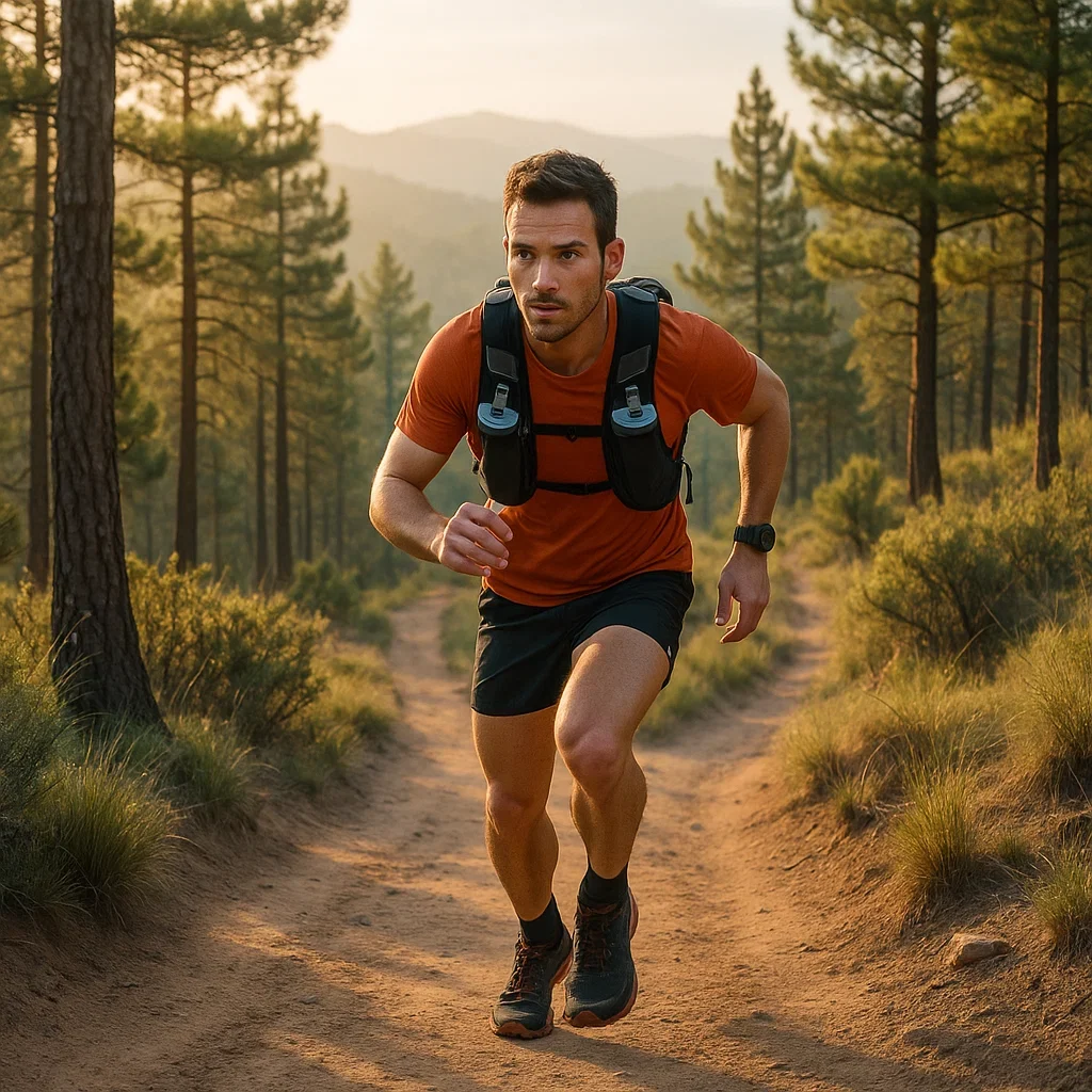 Runner training on a forest trail for a 30K race.