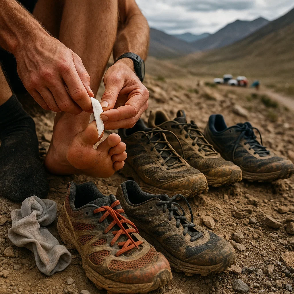 Best Trail Running Shoes for Multi-day Ultra Marathons (6-Day Races) – 2025 Guide 3 A runner cares for their feet and switches socks and shoes during a multi-day ultra marathon.