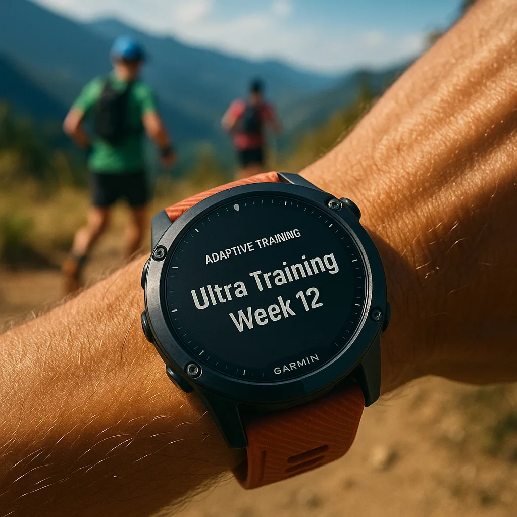 Runna vs Garmin Coach (2025): Which AI Running App is Best for Ultramarathoners? 3 Garmin watch close-up with adaptive ultra training plan on screen, blurred ultramarathon trail race background.