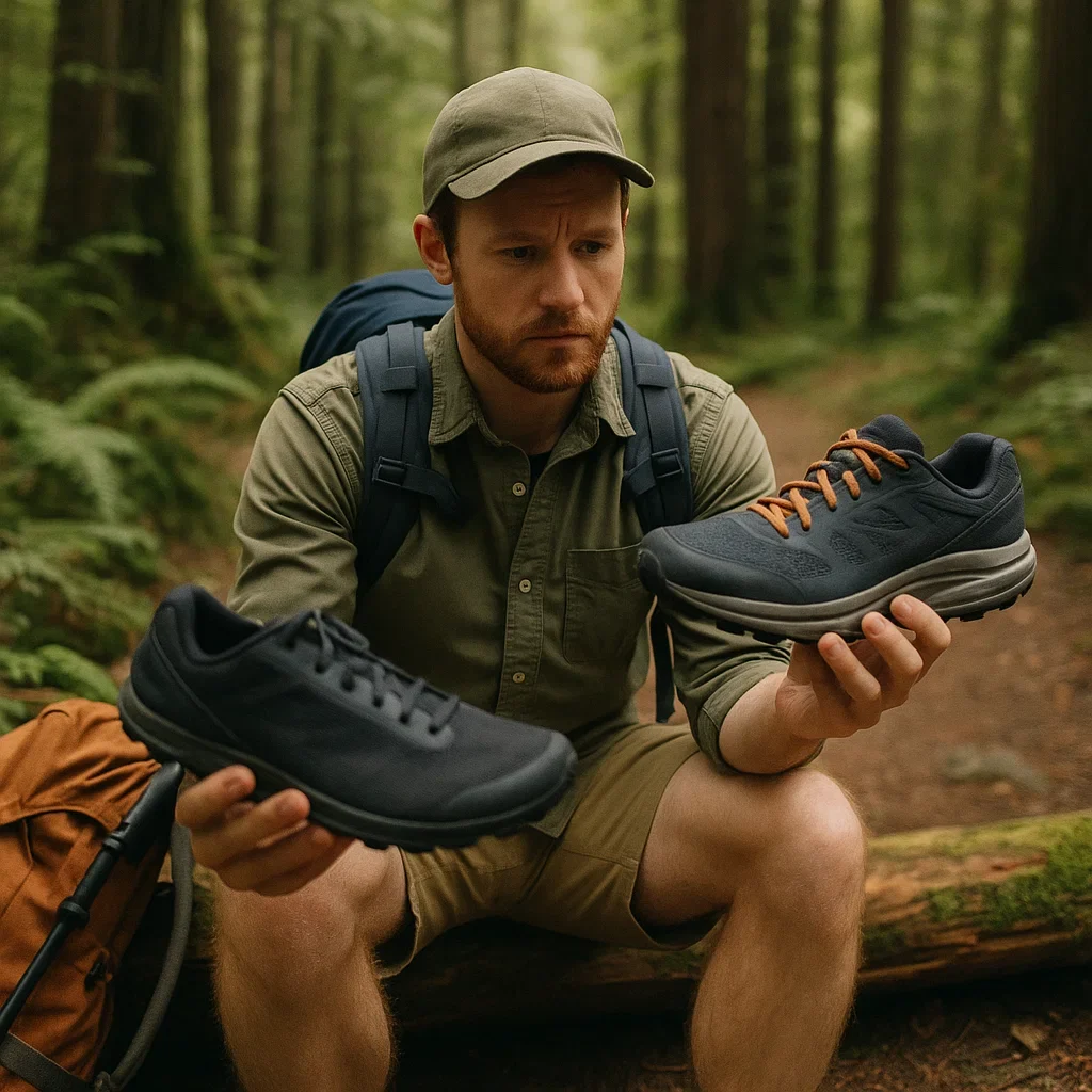 Cushion vs Minimal Trail Running Shoes for HikingWhich is Right for You? 👟🆚🦶 7 Hiker holding a cushioned and a minimalist trail shoe, deciding which to wear for hiking.