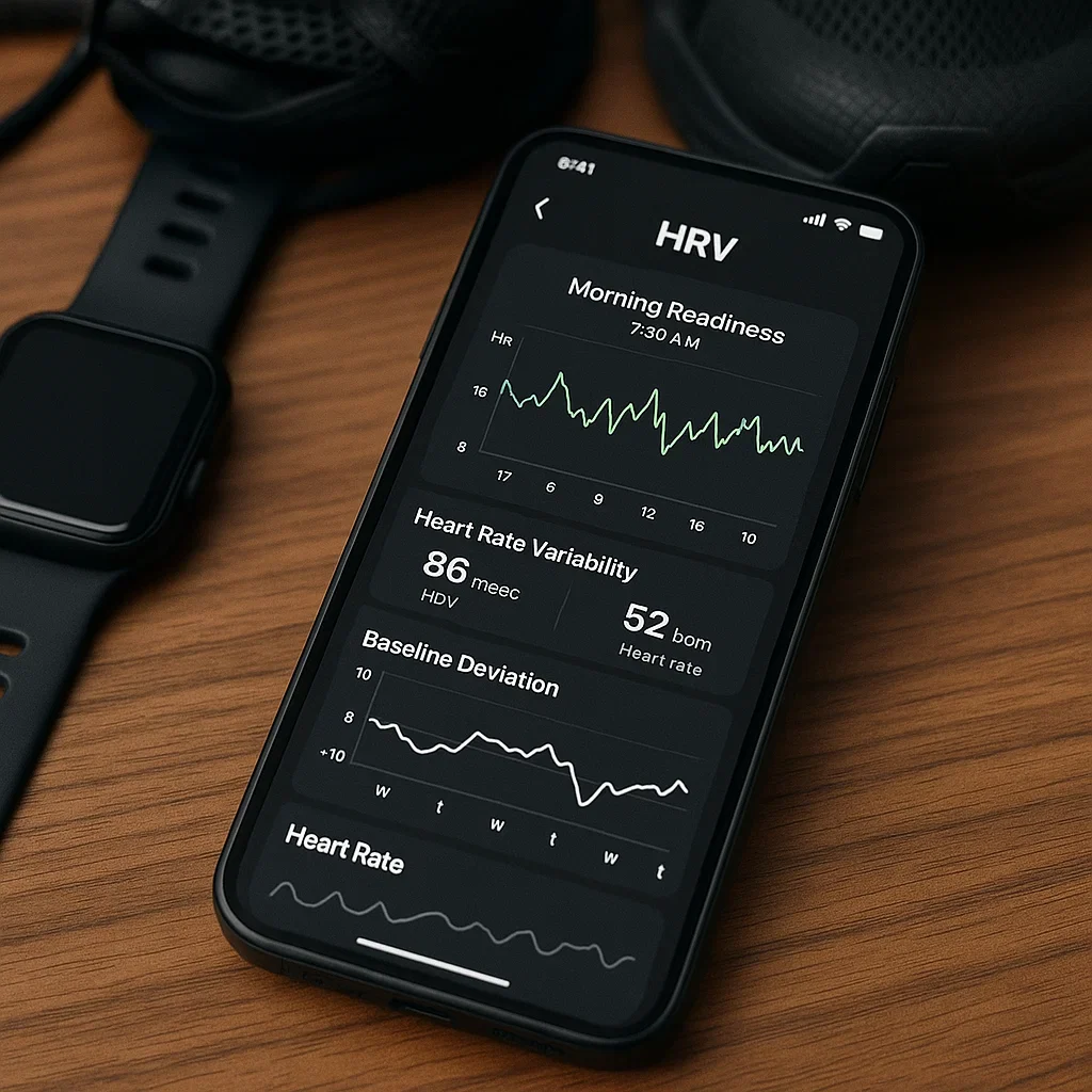 Smartphone displaying heart rate variability graphs from an HRV app with running gear in the background.