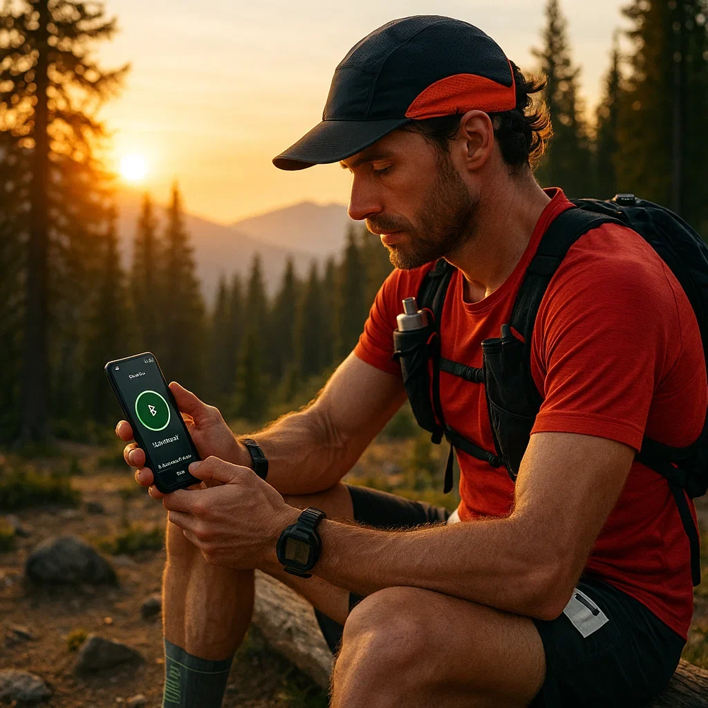 Ultrarunner checks HRV app on phone, forest sunrise background.