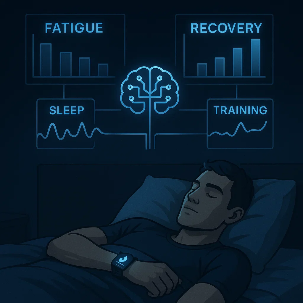 AI dashboard showing fatigue prediction based on runner’s HRV and sleep data.