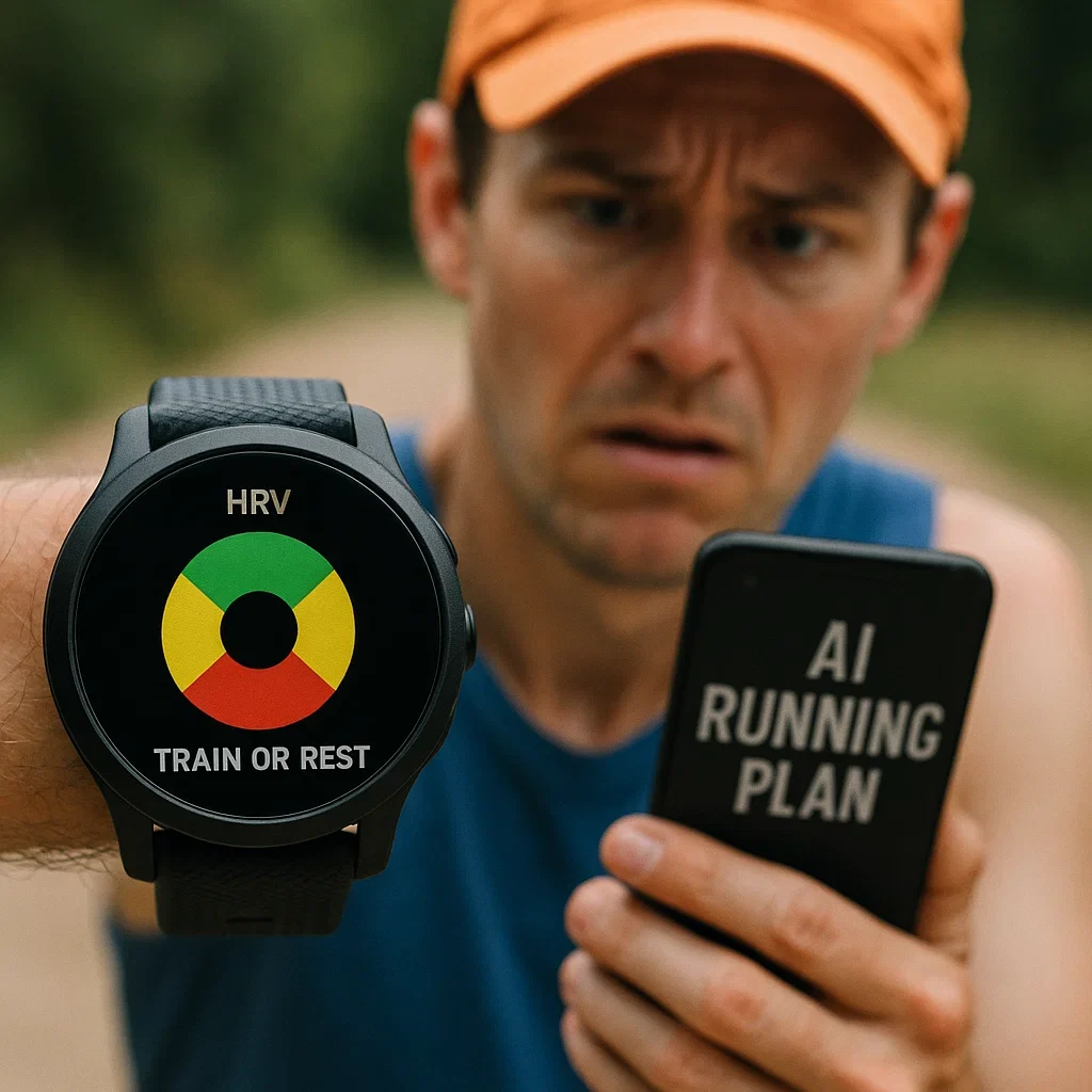Do AI Training Plans Cause Overload? Managing Rest with HRV ‘Traffic-Light’ Systems 3 Runner looking at HRV traffic light on smartwatch to guide rest or training decision in AI running plan.