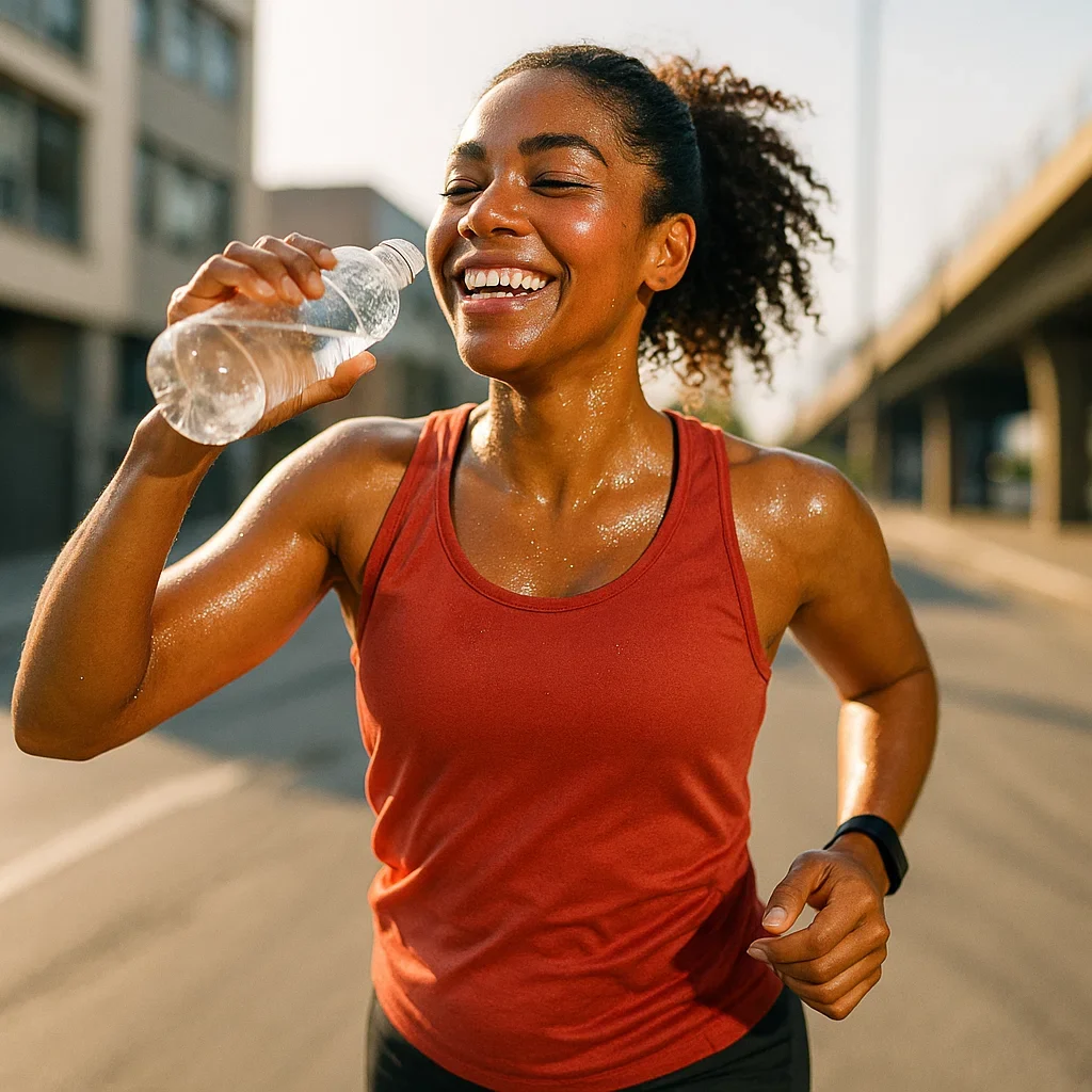 Hydration and Skin Health A smiling runner drinking from a water bottle mid-run, sweat visible but skin glowing, strong sunlight, urban background, motion blur around legs, glowing cheeks, health and vitality theme.