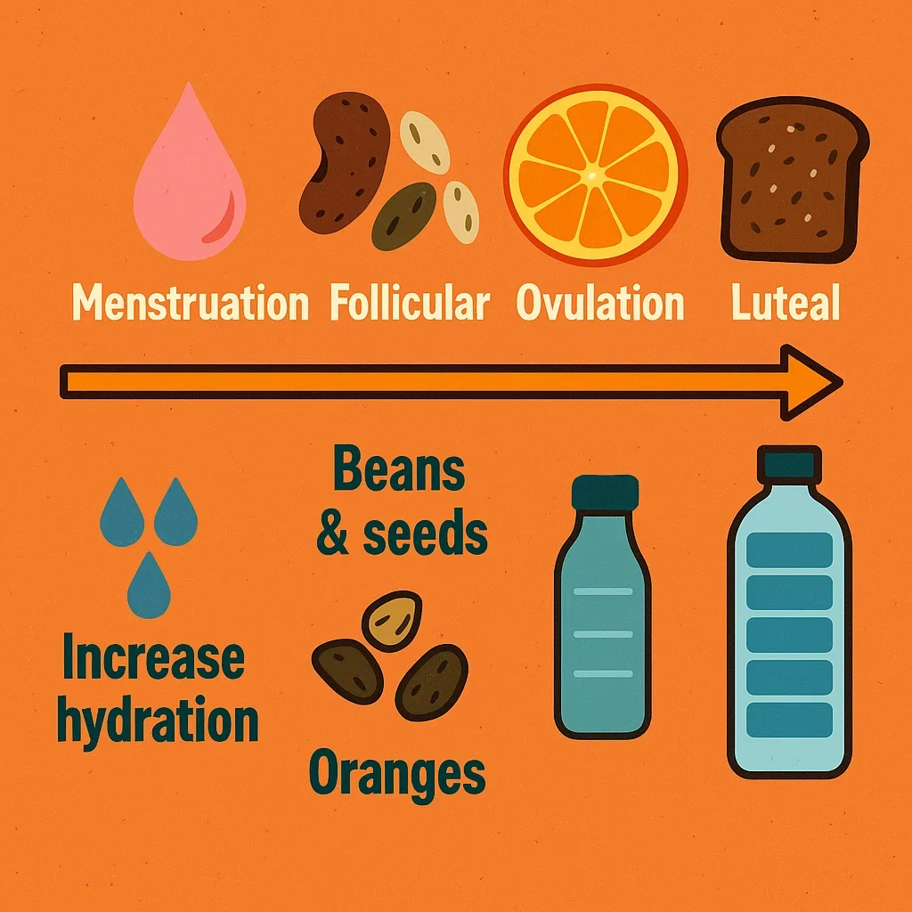 Nutrition and Hydration Strategies for Ultramarathoners During the Menstrual Cycle 3  Infographic with menstrual cycle phases and matching nutrition, hydration, and fueling strategies for women runners.