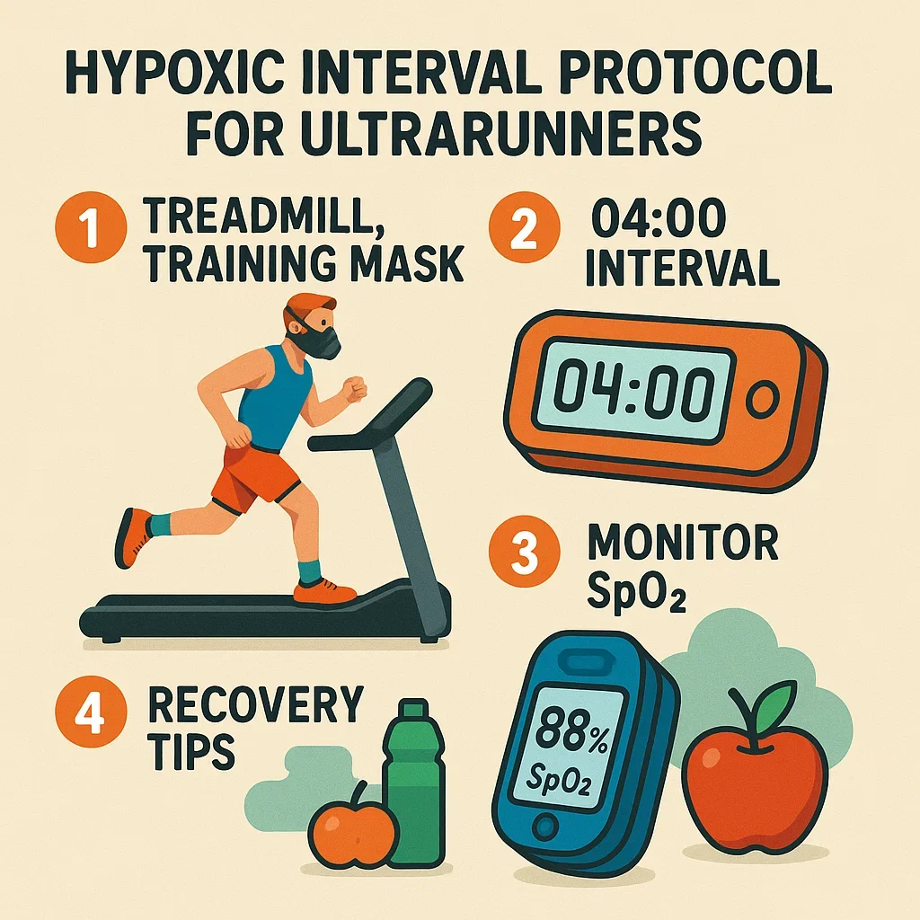 Hypoxic Treadmill Workouts for Ultramarathoners: Science, Protocols & Adaptation 3 Infographic showing a hypoxic treadmill interval protocol with mask, SpO₂ monitor, and recovery steps for ultrarunners.