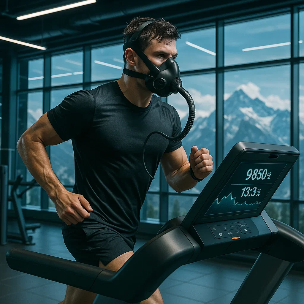 Athlete running on a treadmill with a hypoxic mask and digital altitude display, mountains visible through gym windows.