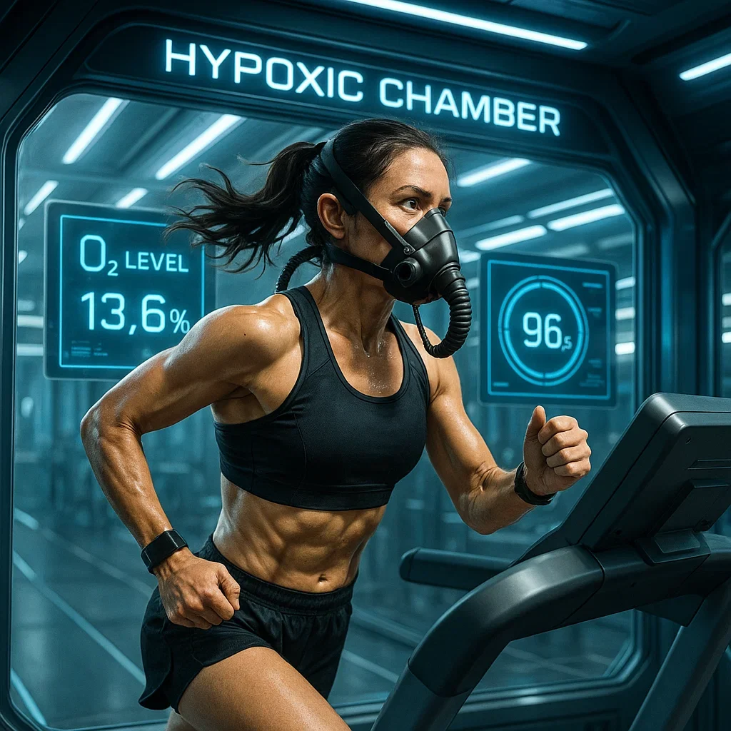 Altitude & Hypoxia Preparation for Ultramarathon Runners: Complete Science-Backed Guide 9 Female athlete running on a treadmill in a hypoxic chamber with an oxygen mask and digital monitors.