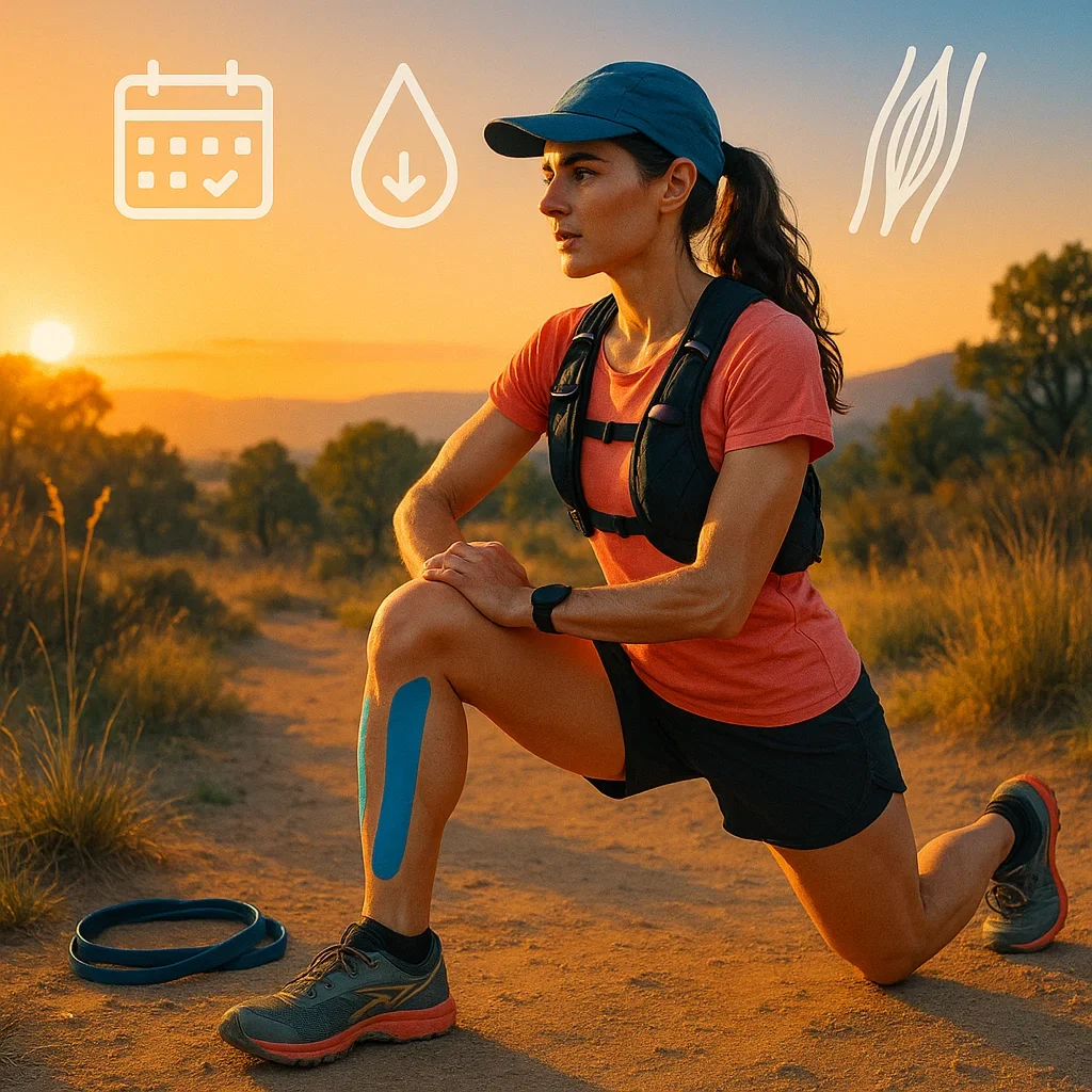 Female ultrarunner stretching with visual cues for menstrual cycle phases and injury prevention.