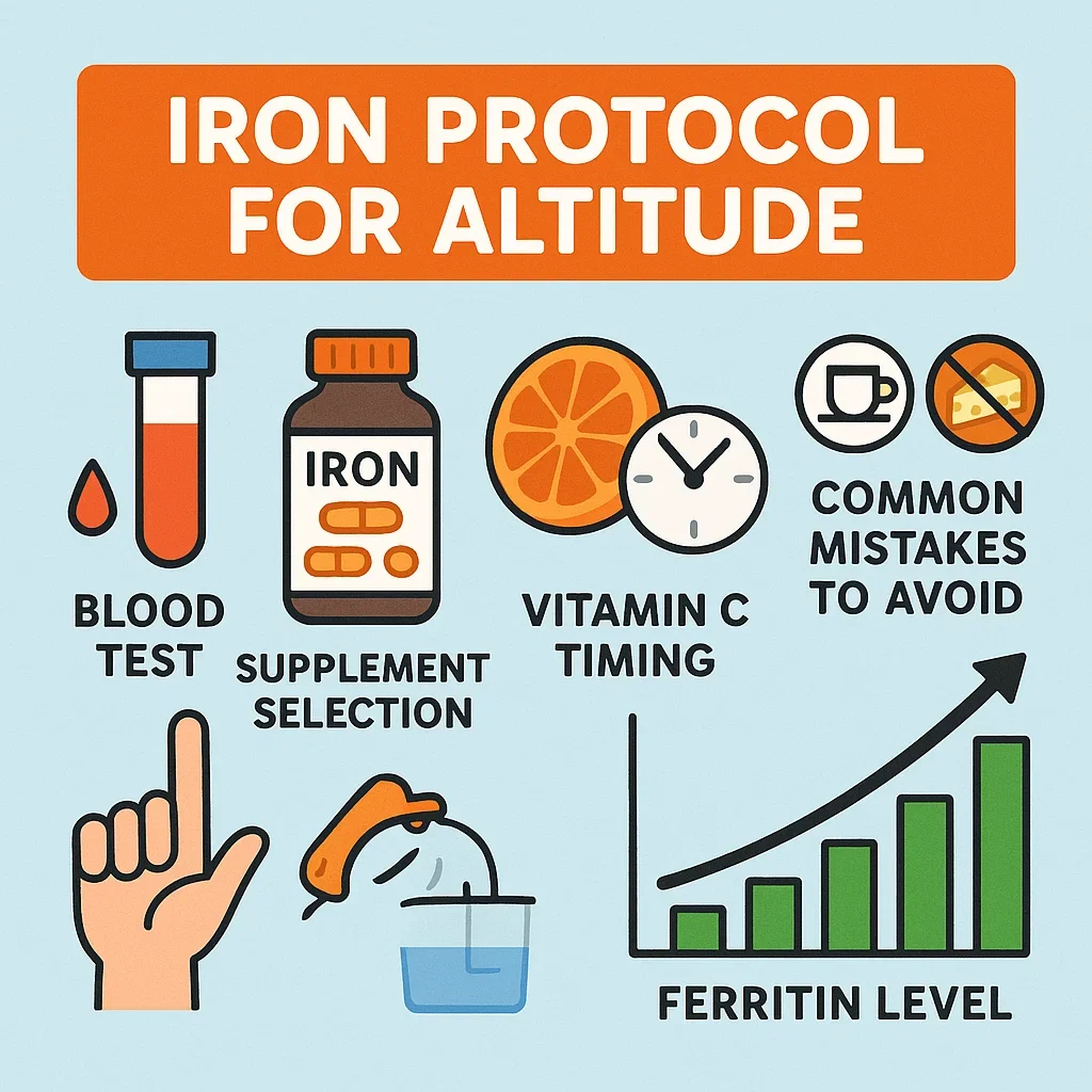 Best Iron Protocol for High-Altitude Running: Ferritin, Timing & Supplementation for Ultrarunners 3 Science-based infographic of iron protocol for altitude runners with ferritin tracking, supplement timing, and common mistakes.