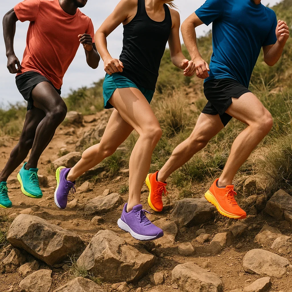 Three runners competing in a 100K ultra marathon, each wearing different lightweight trail shoes for speed and agility.