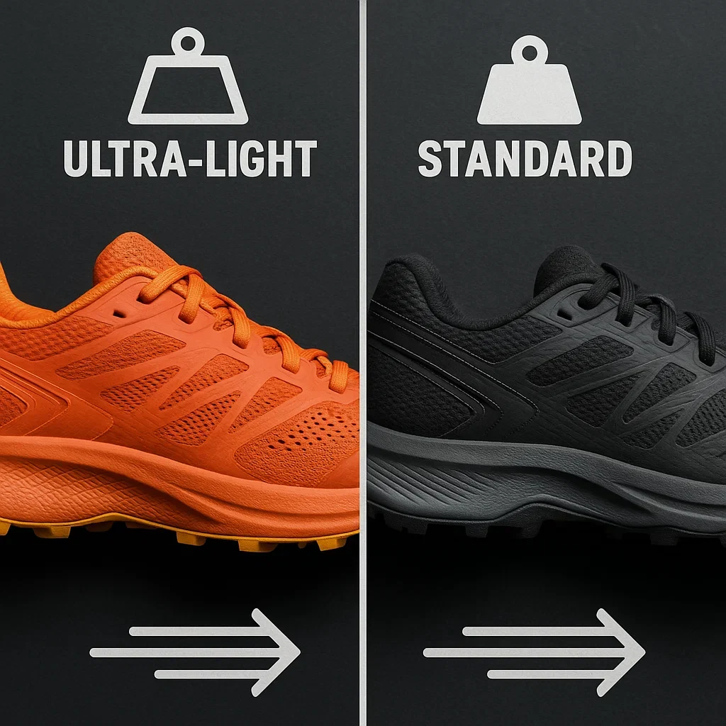 🏃♂️ Lightweight Trail Running Shoes for 100K – Speed vs. Endurance! 3 Side-by-side comparison of a lightweight and a standard trail shoe, showing weight and speed differences for 100K races.