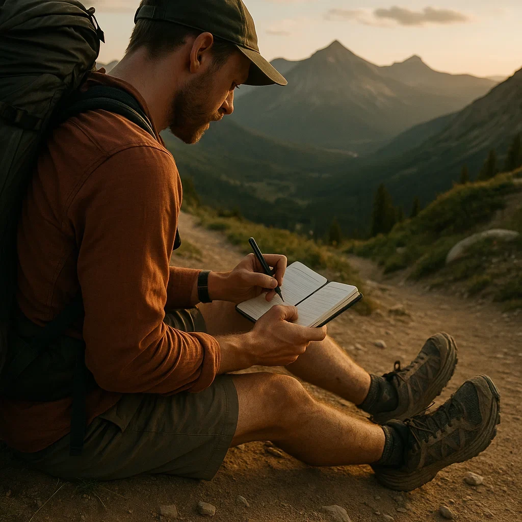 Long-Distance Hiking: Trail Shoe Durability Comparison & Tips 3 Long-distance hiker resting and logging trail shoe mileage with worn shoes visible on a mountain trail.
