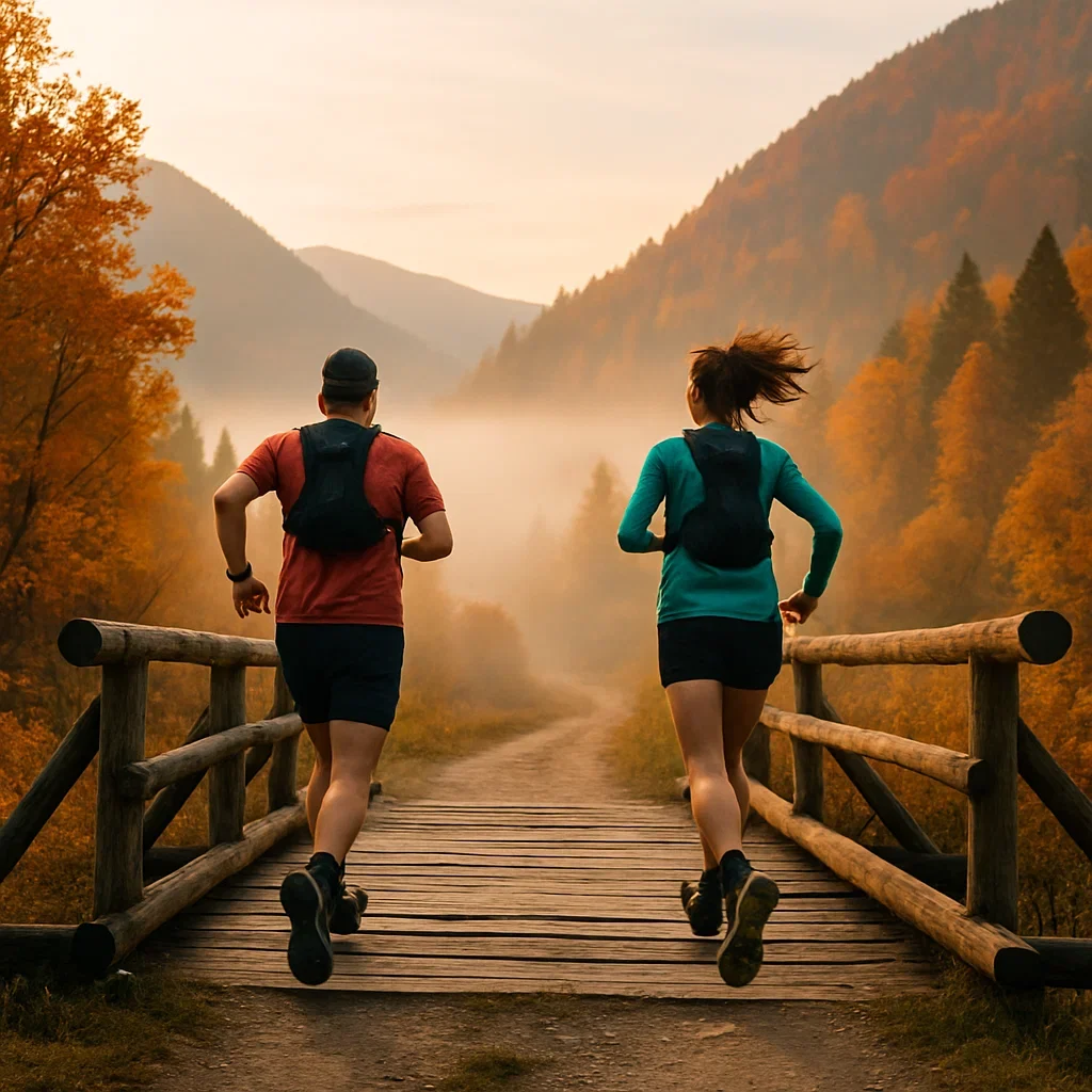 Long-distance runners crossing mountain bridge on trail.
