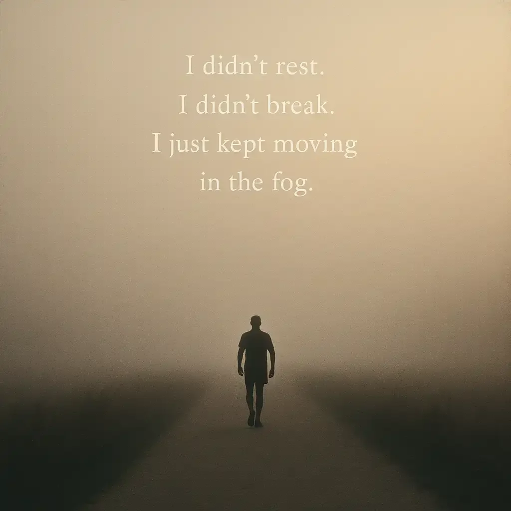 Minimalist poster of a lone runner walking into morning fog with motivational quote “I didn’t rest. I didn’t break. I just kept moving in the fog.”