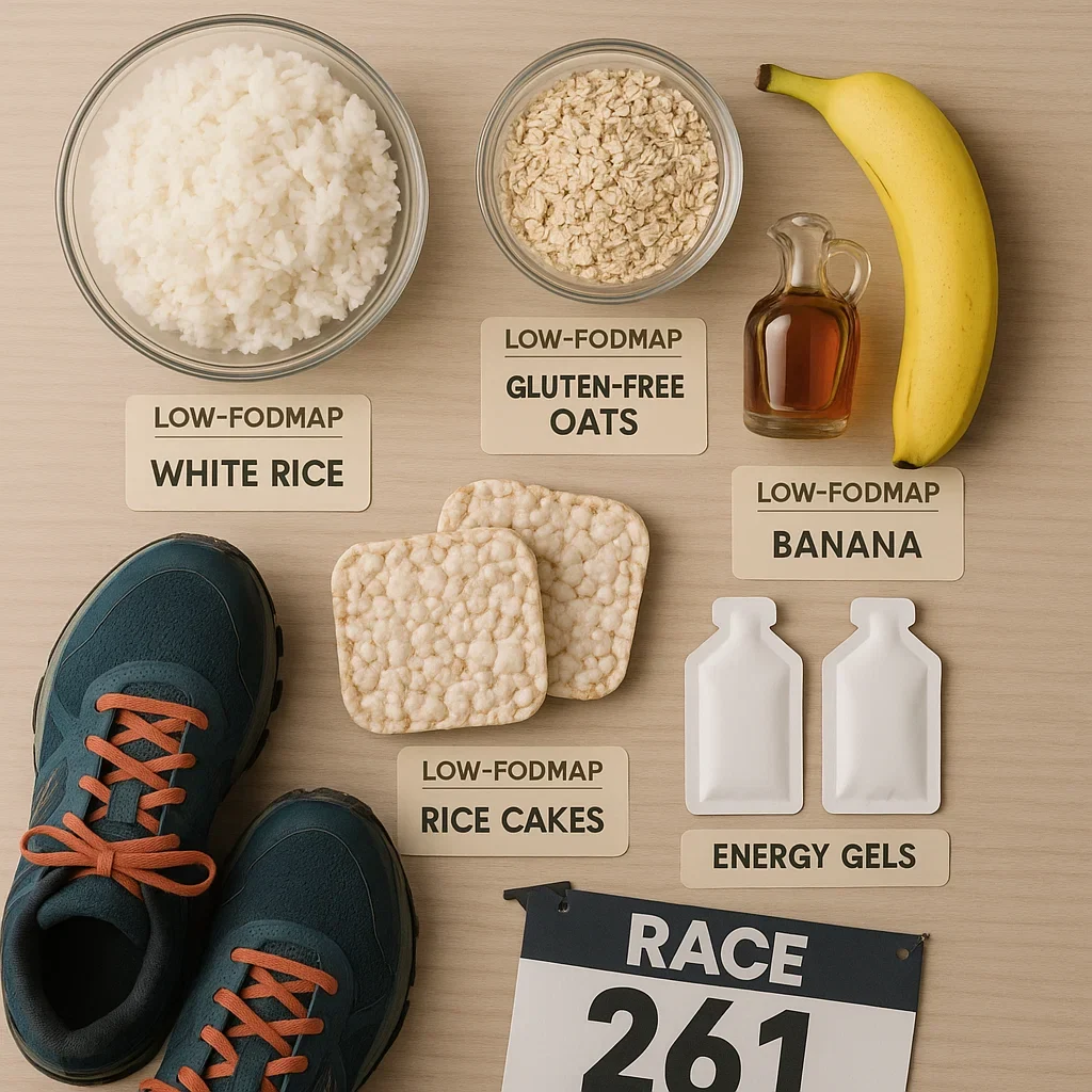     Low-FODMAP foods and sports gels for ultramarathon fueling, arranged with race gear.
