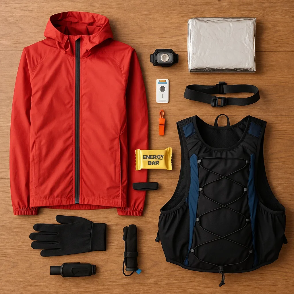 Flatlay of mandatory ultramarathon race gear on wooden background.
