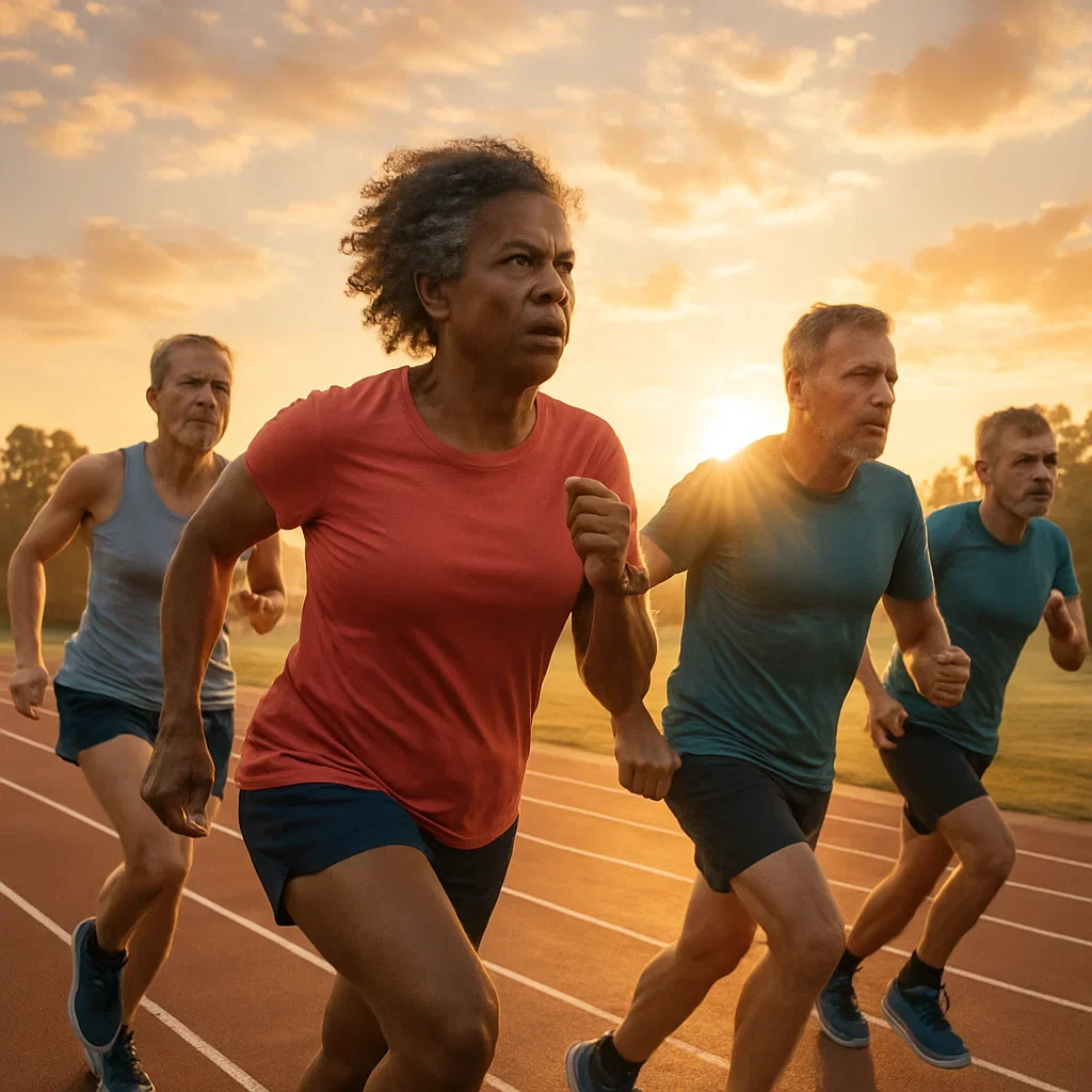 How Masters Runners Can Prevent VO2-Max Decline: Science-Backed Workouts, Nutrition & Lifestyle 3 Masters runners aged 45–70 training intervals on a sunrise-lit track.