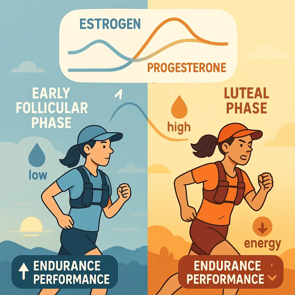 Split-screen animation of female runner during two menstrual phases, showing hormone levels and performance changes.