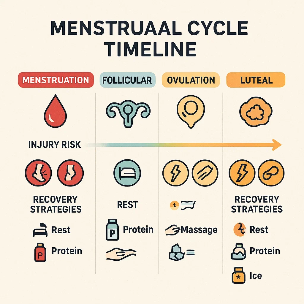 Injury Prevention and Recovery During the Menstrual Cycle for Ultra Runners 3 Infographic showing injury risk and recovery strategies by menstrual cycle phase for women runners.
