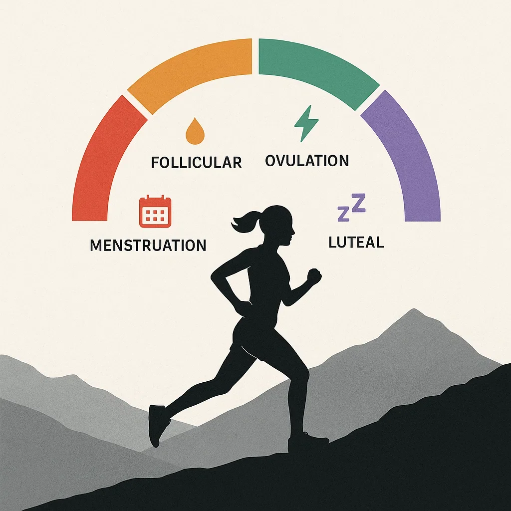 Menstrual Cycle Phases and Endurance Performance in Ultramarathons 3 Infographic with cycle phase timeline and female runner, showing impact of each phase on endurance performance.
